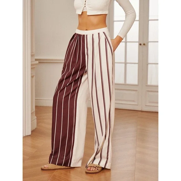 Commense Burgundy Striped Wide Leg Pants High Waist Career Casual Size S - Picture 2 of 12
